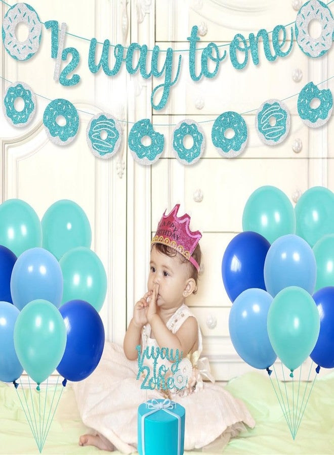 Festiko® Set of 28 Pcs Blue Glitter Donut Theme Happy 1/2 Birthday Combo (Banner, Cake Topper, Balloons), Half Way To One, Half Birthday Decorations, 6 Months Decorations For Boys. - Image 3